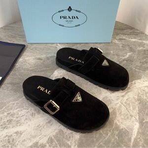 Prada Black Suede Clogs with Silver Accents